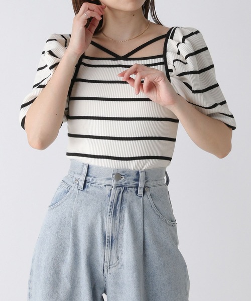 Heather（ヘザー）の「アソートパフスリーブTEE　906216（Tシャツ/カットソー・レディース・ホワイト×ブラック/ブラック×ホワイト/オフホワイト・FREE）」の5枚目の写真