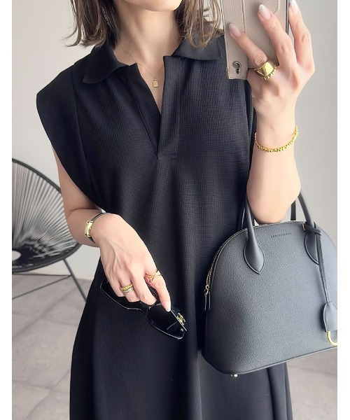 Re:EDIT（リエディ）の「[低身長/高身長サイズ有]キーネックフレンチスリーブポロワンピース（ワンピース・レディース・チャコールグレー/ブラック/ネイビー・TALL/MEDIUM/SHORT/LARGE）」の9枚目の写真