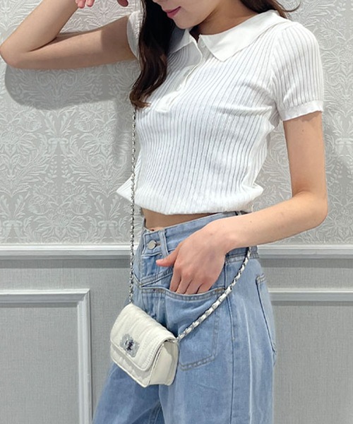 GLAMOROUS JANE（グラマラスジェーン）の「リブ半袖ポロクロップド丈サマーニット（ニット/セーター・レディース・グリーン/ホワイト/ブラック・FREE）」の14枚目の写真
