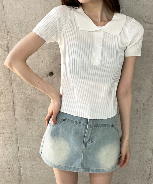 GLAMOROUS JANE（グラマラスジェーン）の「リブ半袖ポロクロップド丈サマーニット（ニット/セーター・レディース・グリーン/ホワイト/ブラック・FREE）」の20枚目の写真