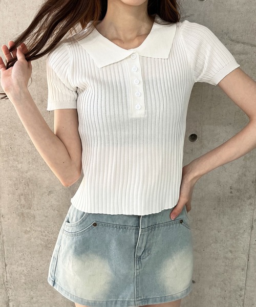 GLAMOROUS JANE（グラマラスジェーン）の「リブ半袖ポロクロップド丈サマーニット（ニット/セーター・レディース・グリーン/ホワイト/ブラック・FREE）」の21枚目の写真