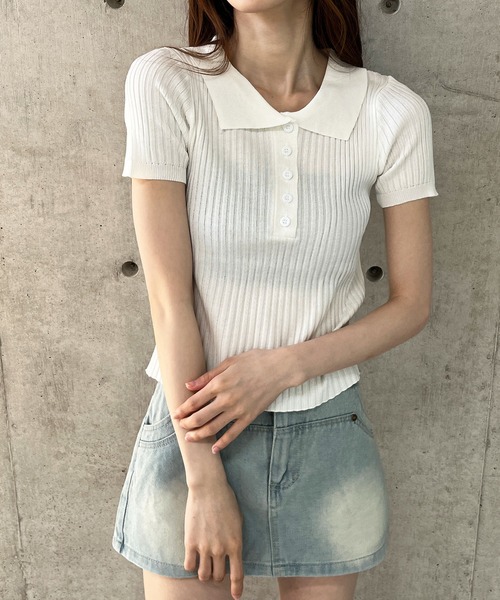GLAMOROUS JANE（グラマラスジェーン）の「リブ半袖ポロクロップド丈サマーニット（ニット/セーター・レディース・グリーン/ホワイト/ブラック・FREE）」の22枚目の写真