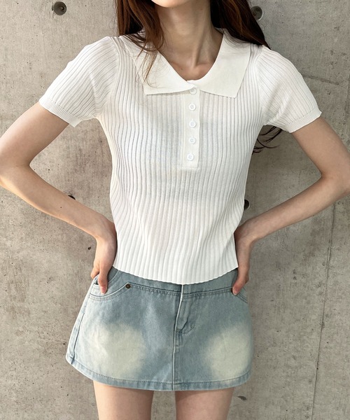 【超美品・定価3万円超】determクロップドニットシャツ ADAM ET ROPÉ FEMME(アダム エ ロペ ファム) / ポロシャツニット