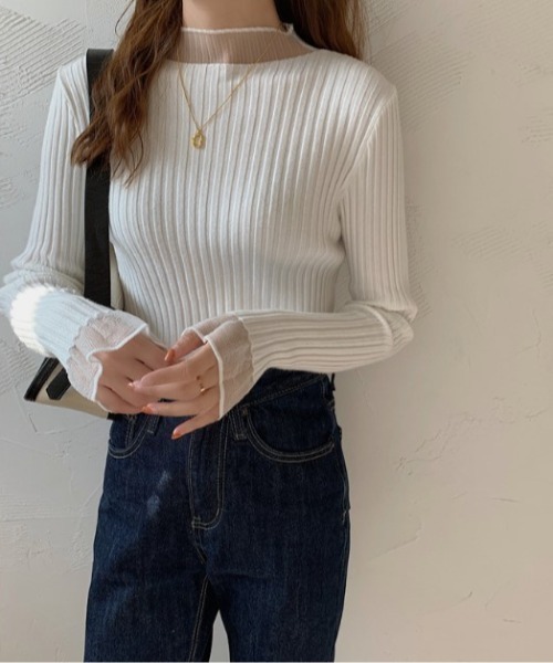 sorule（ソルレ）の「シアーレイヤード風リブニットプルオーバー（Tシャツ/カットソー・レディース・ブルー/ホワイト/ブラック/アイボリー/パープル・FREE）」の16枚目の写真