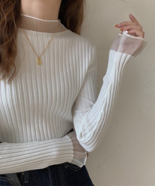 sorule（ソルレ）の「シアーレイヤード風リブニットプルオーバー（Tシャツ/カットソー・レディース・ブルー/ホワイト/ブラック/アイボリー/パープル・FREE）」の18枚目の写真