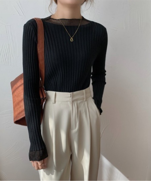 sorule（ソルレ）の「シアーレイヤード風リブニットプルオーバー（Tシャツ/カットソー・レディース・ブルー/ホワイト/ブラック/アイボリー/パープル・FREE）」の6枚目の写真