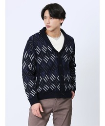 【裏地付き ウォッシャブル】m.f.エディトリアル メンズ 配色ダイヤ柄 ショールカラーニットアウター