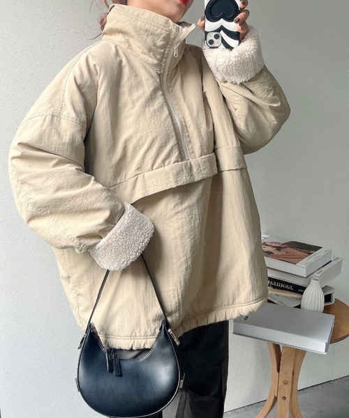 セール】【リバーシブル/2WAY】ハーフジップナイロンボアブルゾン