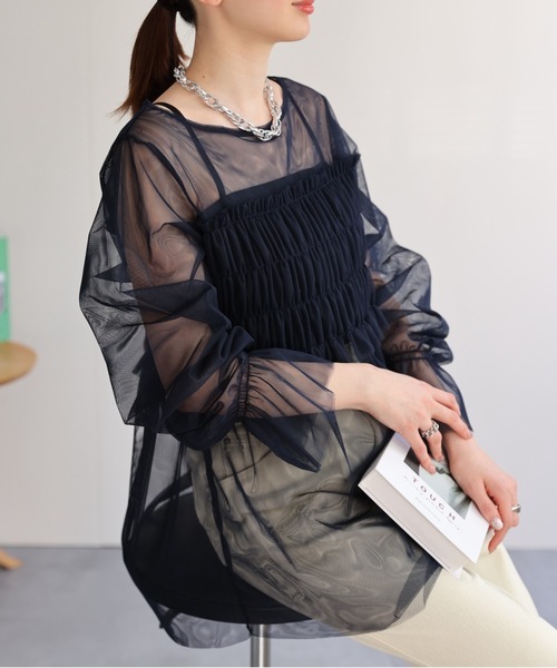 セール】シアーブラウス / 切り替えシャーリングトップス / 結婚式