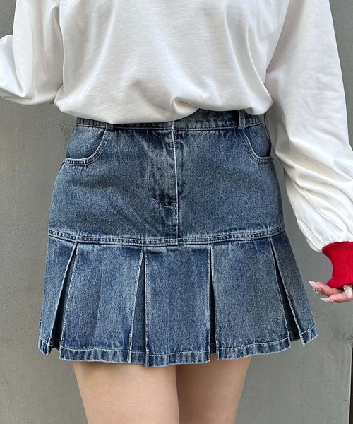INGNI(イング)の「裾切替プリーツデニムミニスカート/C(デニムスカート・レディース・カモフラージュ/ブルー系その他/グレー/ライトグレー・FREE)」の1枚目の写真