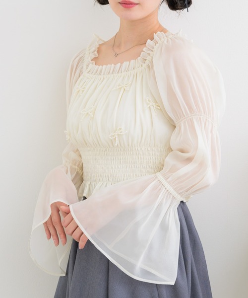 ems excite（エムズエキサイト）の「リボンパールBL（シャツ/ブラウス・レディース・ピンク/ブラック/ナチュラル・FREE）」の2枚目の写真