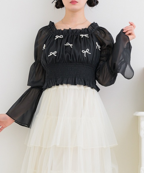 ems excite（エムズエキサイト）の「リボンパールBL（シャツ/ブラウス・レディース・ピンク/ブラック/ナチュラル・FREE）」の6枚目の写真