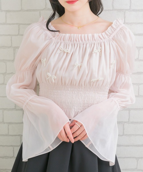 ems excite（エムズエキサイト）の「リボンパールBL（シャツ/ブラウス・レディース・ピンク/ブラック/ナチュラル・FREE）」の7枚目の写真