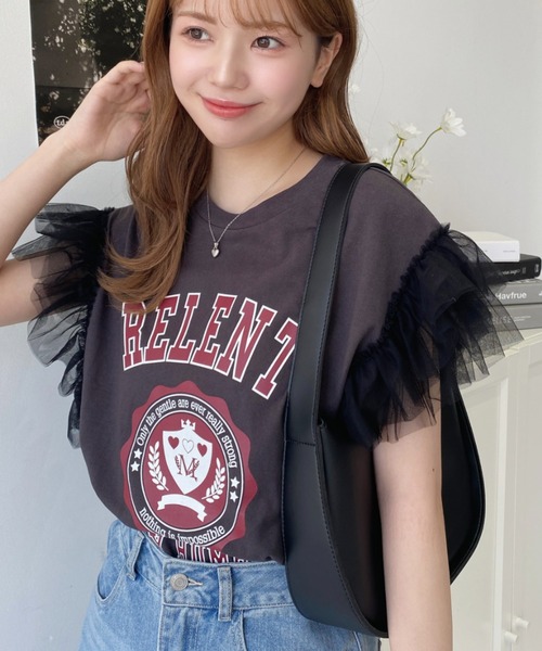 セール】チュールフリルカレッジプリントTシャツ（Tシャツ