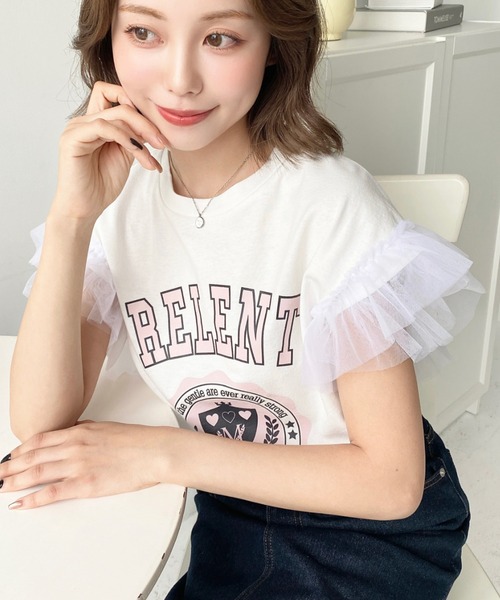【美品】ENFOLD ソフト天竺 デコラティブ Tシャツ フリル M チュールフリルカレッジプリントTシャツ[品番：ERMW0000173