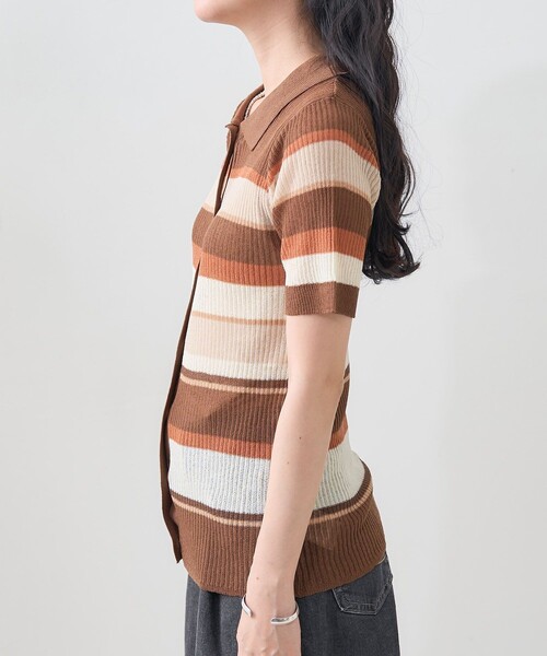 FREAK'S STORE（フリークスストア）の「シアーボーダーポロ/ポロシャツ/シアーニット（Tシャツ/カットソー・レディース・キャメル/グリーン/ブルー・ﾌﾘ-）」の5枚目の写真
