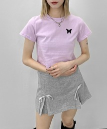 【jiasecond.】バタフライワンポイントクロップドTシャツ / トップス カットソー Tシャツ クロップド ショート  プリント 綿 蝶 バタフライ ワンポイント シンプル ブラック ホワイト パープル