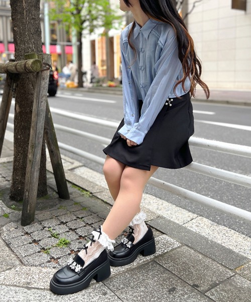 axes femme POETIQUE(アクシーズファムポエティック)の「チャイナボタンシアーシャツ(シャツ/ブラウス・レディース・キナリ/ブラック/サックスブルー・MEDIUM)」の4枚目の写真