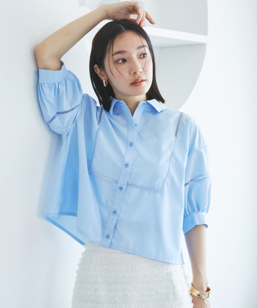 VIS（ビス）の「【接触冷感/防シワ/洗える】レース切替クロップドシャツ（シャツ/ブラウス・レディース・サックスブルー/ホワイト/グリーン系その他・FREE）」の15枚目の写真