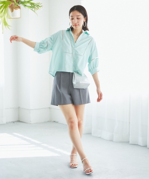 VIS（ビス）の「【接触冷感/防シワ/洗える】レース切替クロップドシャツ（シャツ/ブラウス・レディース・サックスブルー/ホワイト/グリーン系その他・FREE）」の20枚目の写真