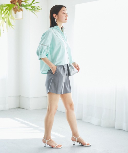 VIS（ビス）の「【接触冷感/防シワ/洗える】レース切替クロップドシャツ（シャツ/ブラウス・レディース・サックスブルー/ホワイト/グリーン系その他・FREE）」の21枚目の写真