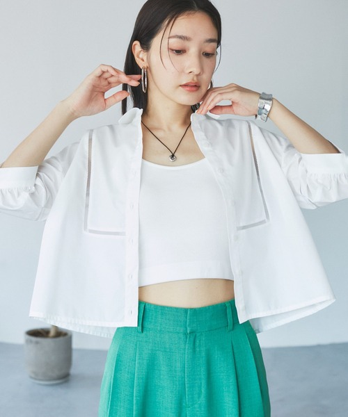 VIS（ビス）の「【接触冷感/防シワ/洗える】レース切替クロップドシャツ（シャツ/ブラウス・レディース・サックスブルー/ホワイト/グリーン系その他・FREE）」の22枚目の写真