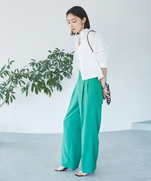 VIS（ビス）の「【接触冷感/防シワ/洗える】レース切替クロップドシャツ（シャツ/ブラウス・レディース・サックスブルー/ホワイト/グリーン系その他・FREE）」の14枚目の写真
