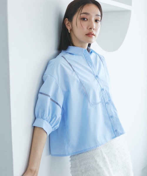 VIS（ビス）の「【接触冷感/防シワ/洗える】レース切替クロップドシャツ（シャツ/ブラウス・レディース・サックスブルー/ホワイト/グリーン系その他・FREE）」の16枚目の写真