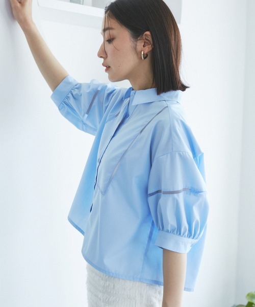 VIS（ビス）の「【接触冷感/防シワ/洗える】レース切替クロップドシャツ（シャツ/ブラウス・レディース・サックスブルー/ホワイト/グリーン系その他・FREE）」の17枚目の写真