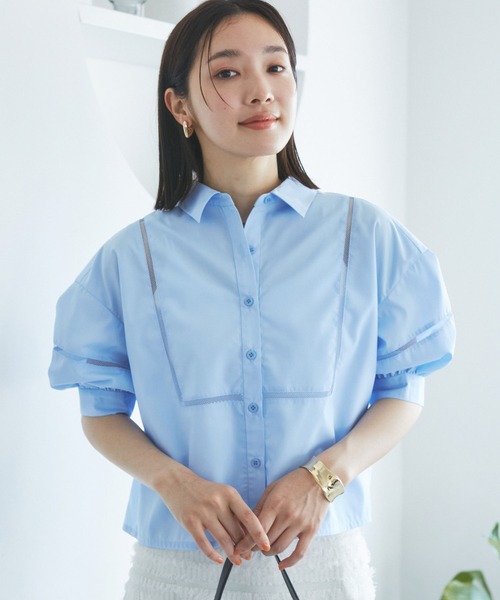 VIS（ビス）の「【接触冷感/防シワ/洗える】レース切替クロップドシャツ（シャツ/ブラウス・レディース・サックスブルー/ホワイト/グリーン系その他・FREE）」の18枚目の写真