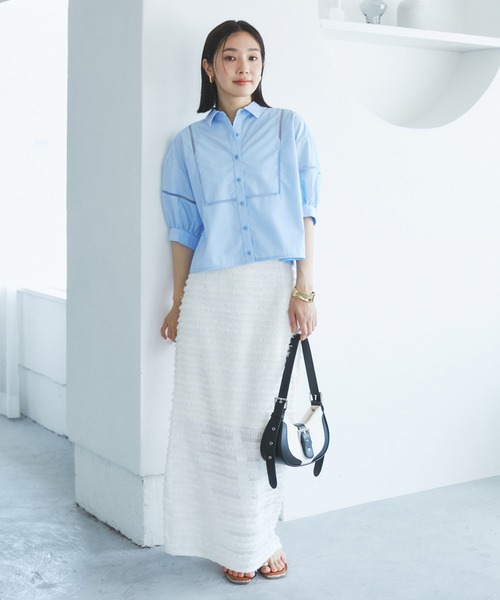 VIS（ビス）の「【接触冷感/防シワ/洗える】レース切替クロップドシャツ（シャツ/ブラウス・レディース・サックスブルー/ホワイト/グリーン系その他・FREE）」の19枚目の写真