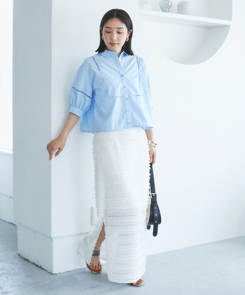 VIS（ビス）の「【接触冷感/防シワ/洗える】レース切替クロップドシャツ（シャツ/ブラウス・レディース・サックスブルー/ホワイト/グリーン系その他・FREE）」の8枚目の写真