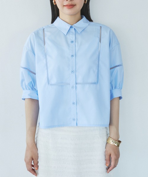 VIS（ビス）の「【接触冷感/防シワ/洗える】レース切替クロップドシャツ（シャツ/ブラウス・レディース・サックスブルー/ホワイト/グリーン系その他・FREE）」の9枚目の写真