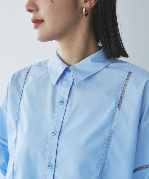 VIS（ビス）の「【接触冷感/防シワ/洗える】レース切替クロップドシャツ（シャツ/ブラウス・レディース・サックスブルー/ホワイト/グリーン系その他・FREE）」の4枚目の写真