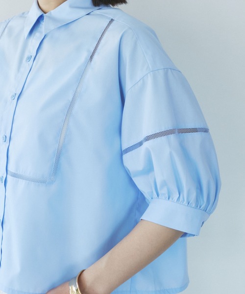 VIS（ビス）の「【接触冷感/防シワ/洗える】レース切替クロップドシャツ（シャツ/ブラウス・レディース・サックスブルー/ホワイト/グリーン系その他・FREE）」の5枚目の写真