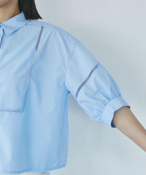 VIS（ビス）の「【接触冷感/防シワ/洗える】レース切替クロップドシャツ（シャツ/ブラウス・レディース・サックスブルー/ホワイト/グリーン系その他・FREE）」の6枚目の写真