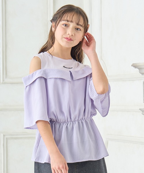 SPINNS]ギンガムチェック オフショルダーカットソー 紫色 白色 夢可愛い