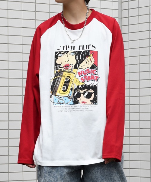 セール】oversize raglan sleeve print long sleeve T-shirt/オーバー
