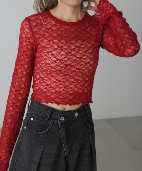 FREE'S MART（フリーズマート）の「◆ショート丈レーストップス（Tシャツ/カットソー・レディース・レッド/ホワイト/ブラック/ピンク・FREE）」の4枚目の写真