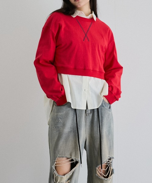 ENIM BY VICKY(エニムバイビッキー)の「ボリュームスリーブショートトップス《手洗い可能》(スウェット・レディース・ネイビー/ホワイト/レッド・M)」の19枚目の写真