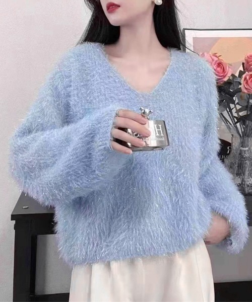 Miniministore(ミニミニストア)の「ラメシャギーニットトップス Vネック秋冬(ニット/セーター・レディース・ブルー/グレー/アイボリー/ベージュ/ダークグレー/ラベンダー/イエロー/ピンク・FREE)」の5枚目の写真