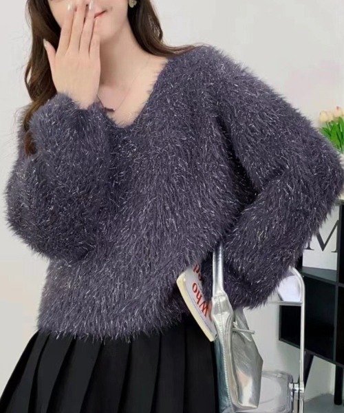 Miniministore(ミニミニストア)の「ラメシャギーニットトップス Vネック秋冬(ニット/セーター・レディース・ブルー/グレー/アイボリー/ベージュ/ダークグレー/ラベンダー/イエロー/ピンク・FREE)」の9枚目の写真