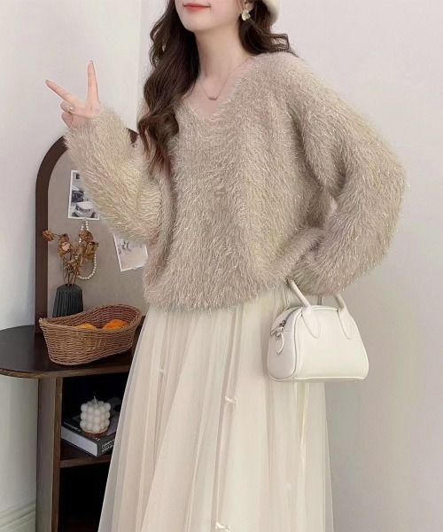 Miniministore(ミニミニストア)の「ラメシャギーニットトップス Vネック秋冬(ニット/セーター・レディース・ブルー/グレー/アイボリー/ベージュ/ダークグレー/ラベンダー/イエロー/ピンク・FREE)」の14枚目の写真