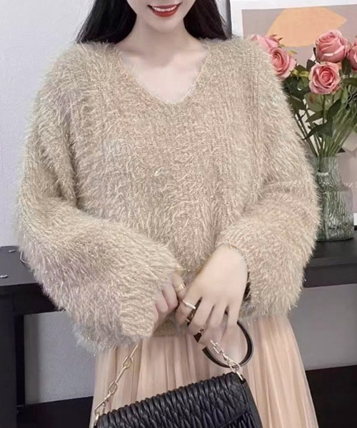 Miniministore(ミニミニストア)の「ラメシャギーニットトップス Vネック秋冬(ニット/セーター・レディース・ブルー/グレー/アイボリー/ベージュ/ダークグレー/ラベンダー/イエロー/ピンク・FREE)」の15枚目の写真