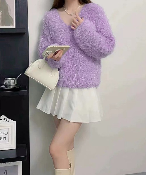 Miniministore(ミニミニストア)の「ラメシャギーニットトップス Vネック秋冬(ニット/セーター・レディース・ブルー/グレー/アイボリー/ベージュ/ダークグレー/ラベンダー/イエロー/ピンク・FREE)」の17枚目の写真