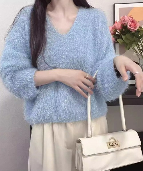 Miniministore(ミニミニストア)の「ラメシャギーニットトップス Vネック秋冬(ニット/セーター・レディース・ブルー/グレー/アイボリー/ベージュ/ダークグレー/ラベンダー/イエロー/ピンク・FREE)」の22枚目の写真