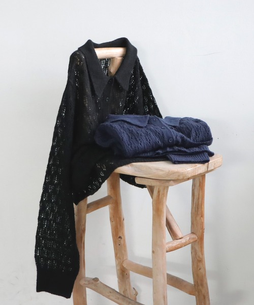 antiqua(アンティカ)の「透かし編みシャツニット(ニット/セーター・レディース・ブラック/ネイビー・ONESIZE)」の17枚目の写真