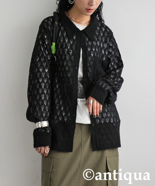 antiqua(アンティカ)の「透かし編みシャツニット(ニット/セーター・レディース・ブラック/ネイビー・ONESIZE)」の4枚目の写真
