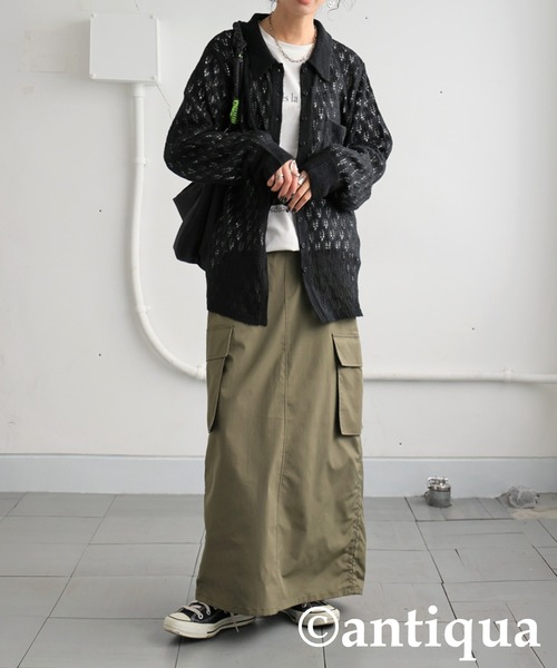 antiqua(アンティカ)の「透かし編みシャツニット(ニット/セーター・レディース・ブラック/ネイビー・ONESIZE)」の5枚目の写真