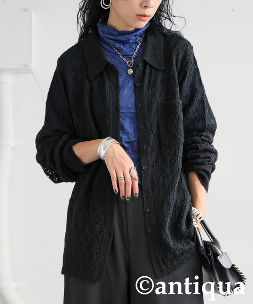 antiqua(アンティカ)の「透かし編みシャツニット(ニット/セーター・レディース・ブラック/ネイビー・ONESIZE)」の6枚目の写真